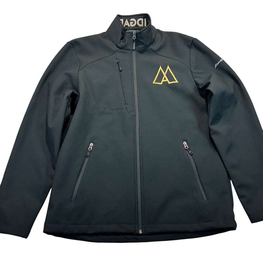Eddie Bauer EB544 Mens Softshell Jacket Black Gold Logo IDGAF Mock Neck Zip Up